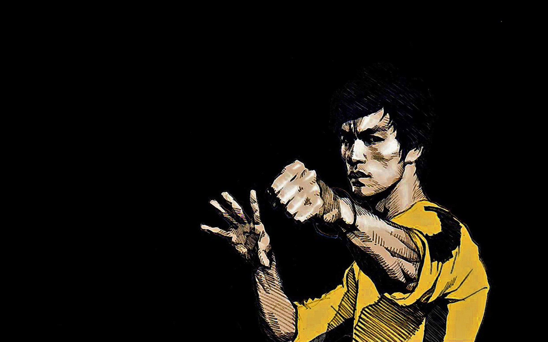 Bruce Lee, Tuta gialla, Sfondo nero, Kung fu, Full HD, wallpaper per PC