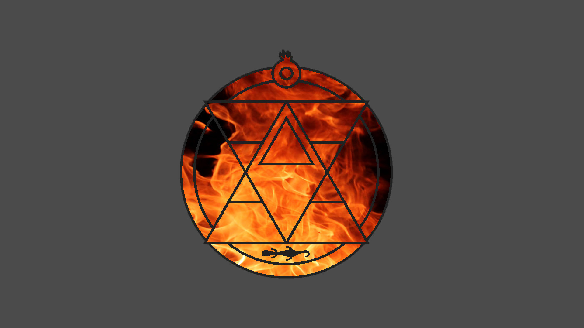 Cerchio alchemico, Fullmetal Alchemist, Fuoco, Simbolo, Sfondo grigio, wallpaper per portatile