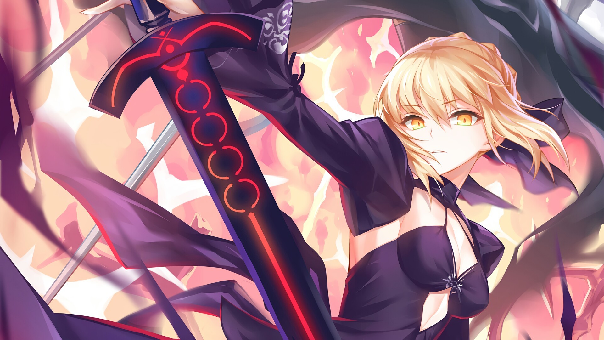 Saber Alter, Fate/stay night, Spada nera, Toni rosa, 1920x1080, wallpaper desktop