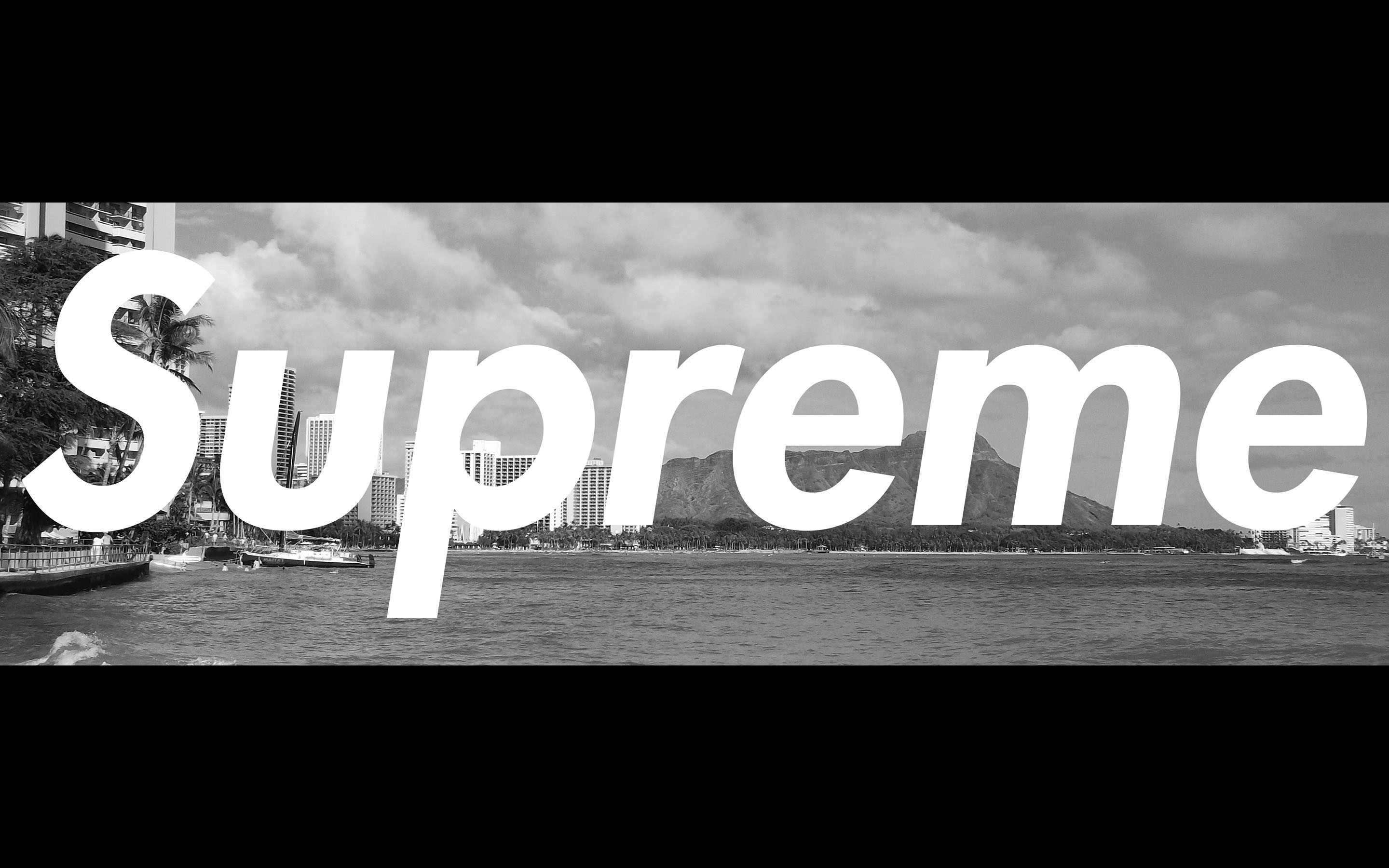 Logo Supreme, Bianco e nero, Montagne, Mare, 2K, wallpaper per portatile