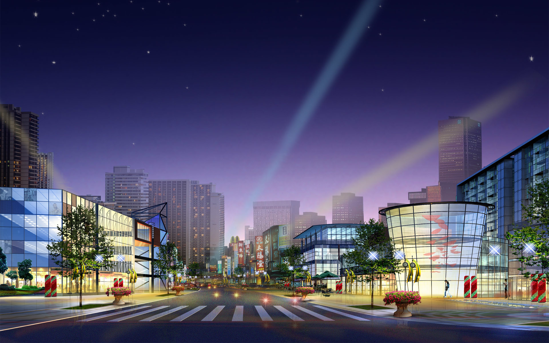Città futuristica, Rendering 3D, Notte, Fasci di luce, 16:10 Full HD, sfondo widescreen