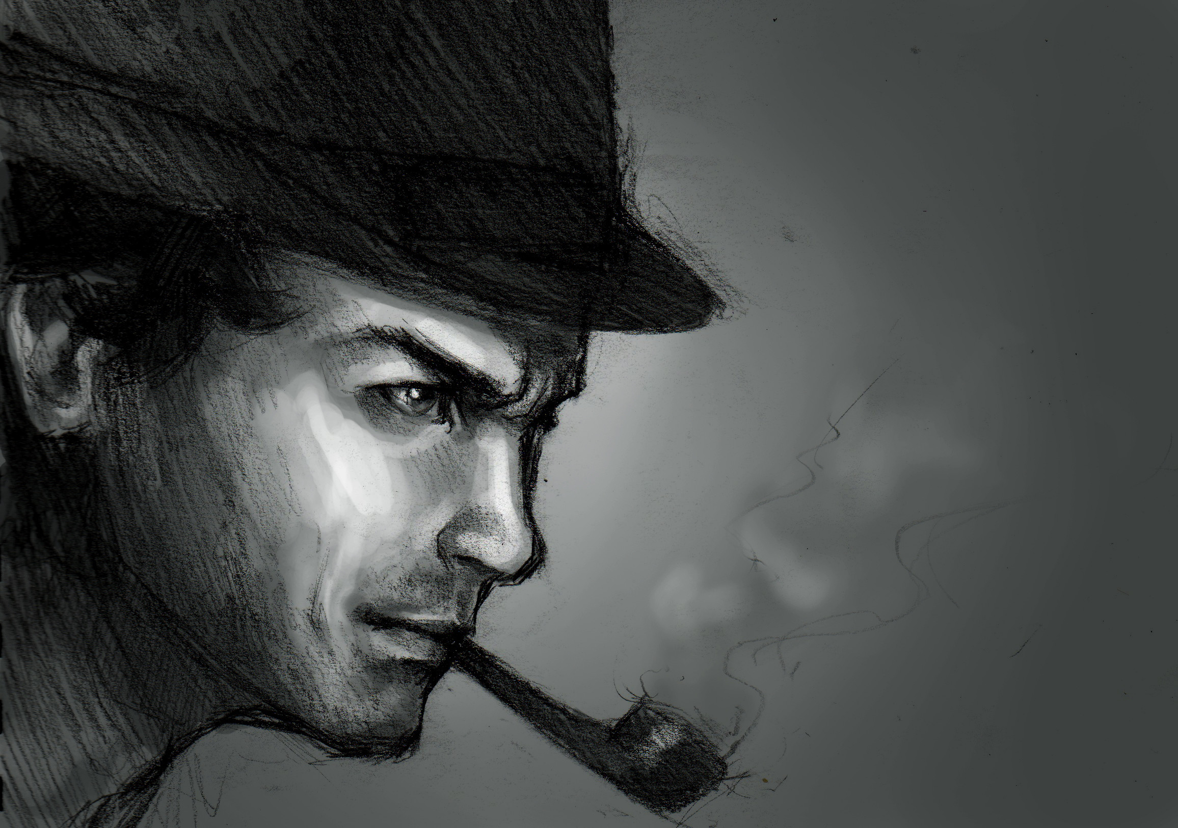 Sherlock Holmes, Pipa, Disegno a matita, Bianco e nero, Full HD, sfondo per PC
