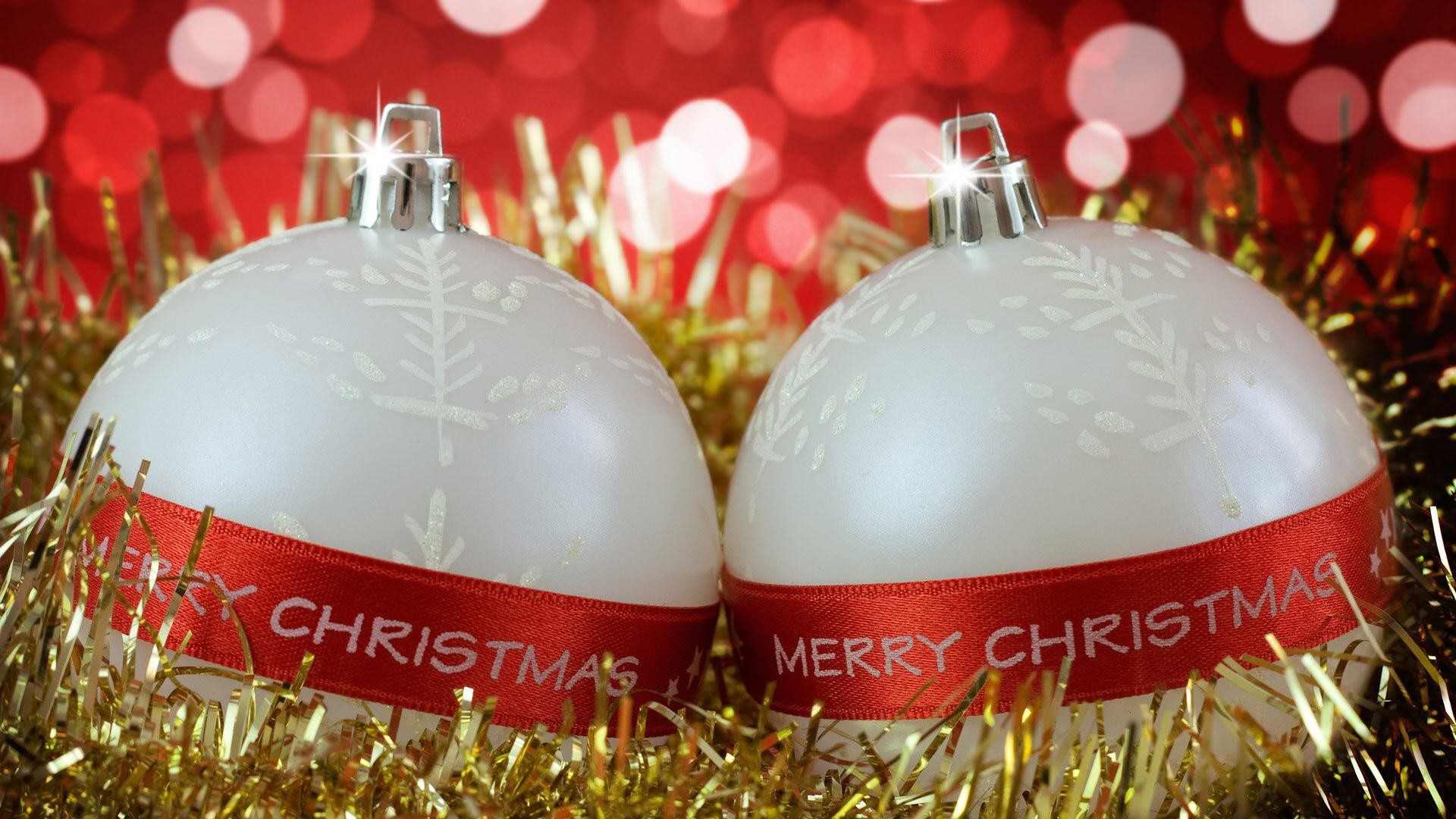 Merry Christmas, Palline di Natale, Festoni dorati, Bokeh, sfondo desktop PC