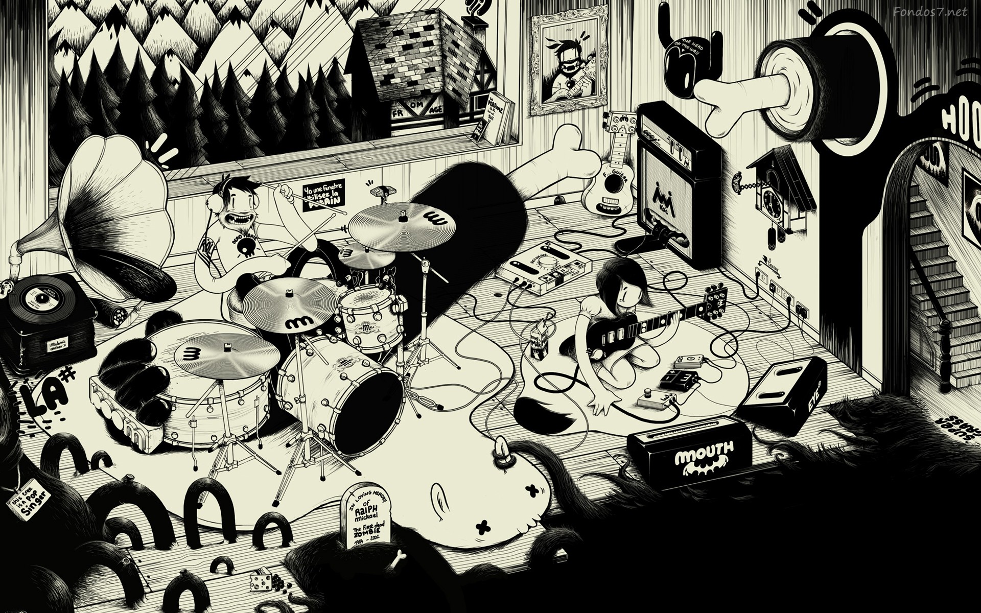 Sala prove, Batteria, Amplificatori, Illustrazione, Bianco e nero, sfondo Full HD per PC