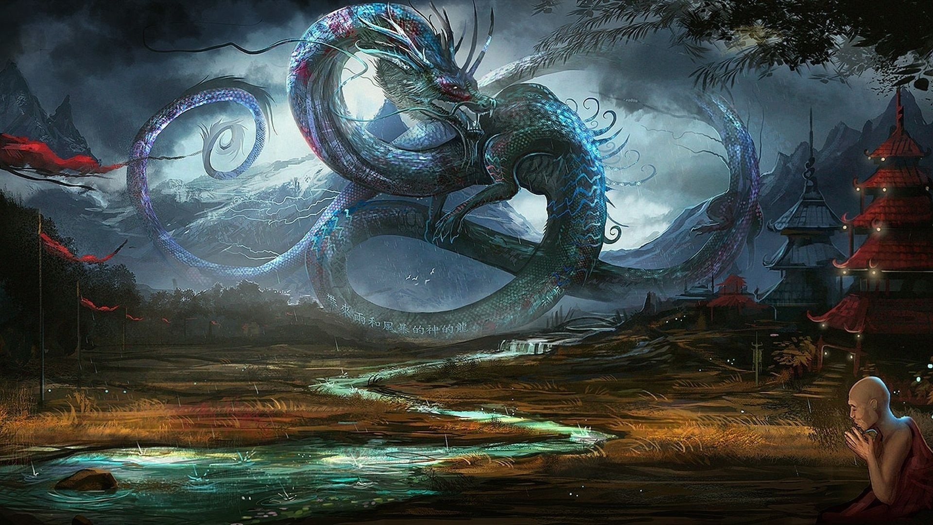 Drago orientale, Monaco, Pagoda, Fantasy, Arte digitale, Full HD, sfondo per PC