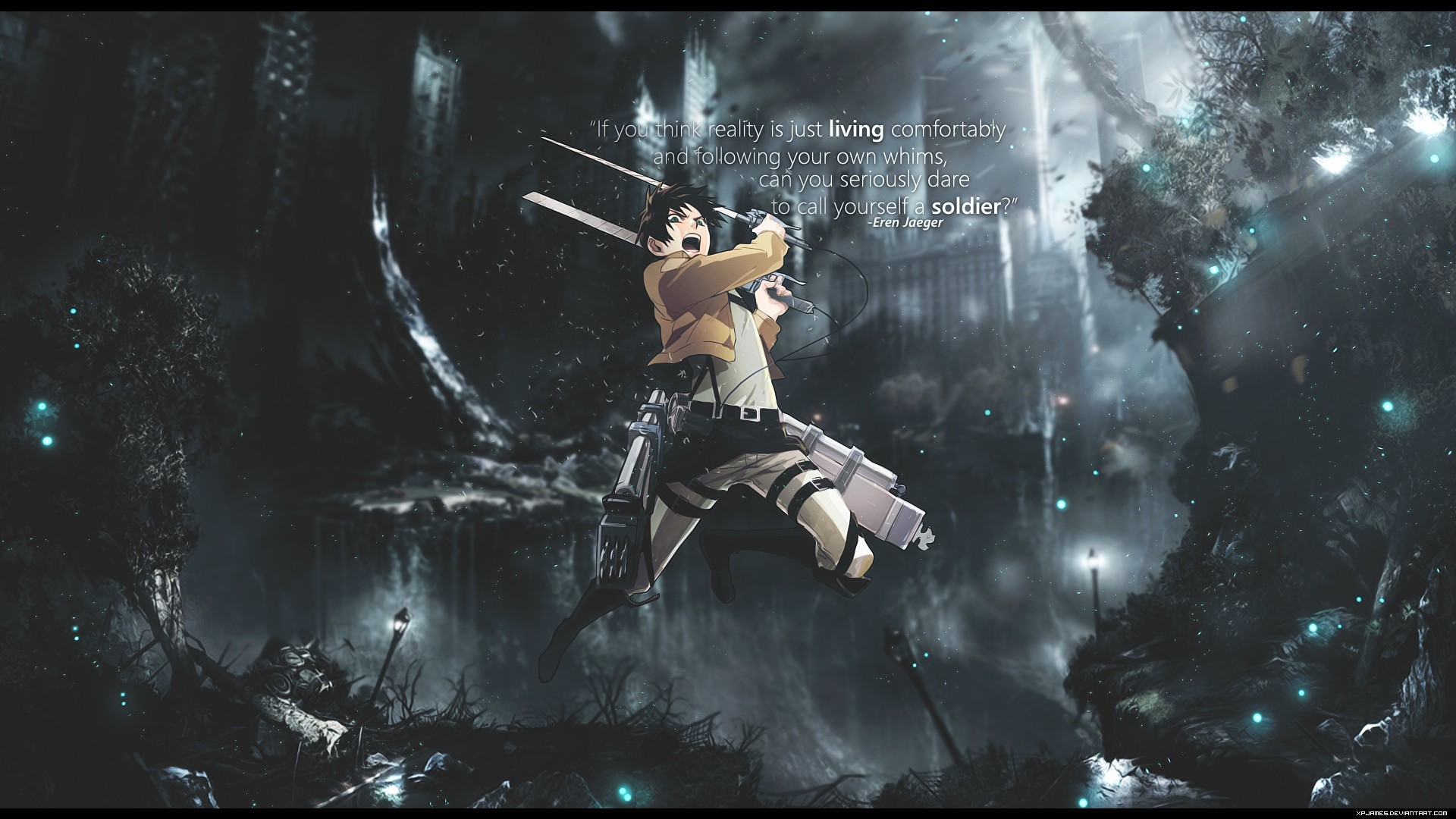 Levi Ackerman, L'attacco dei giganti, Foresta, Pioggia, Citazione, wallpaper Windows 11