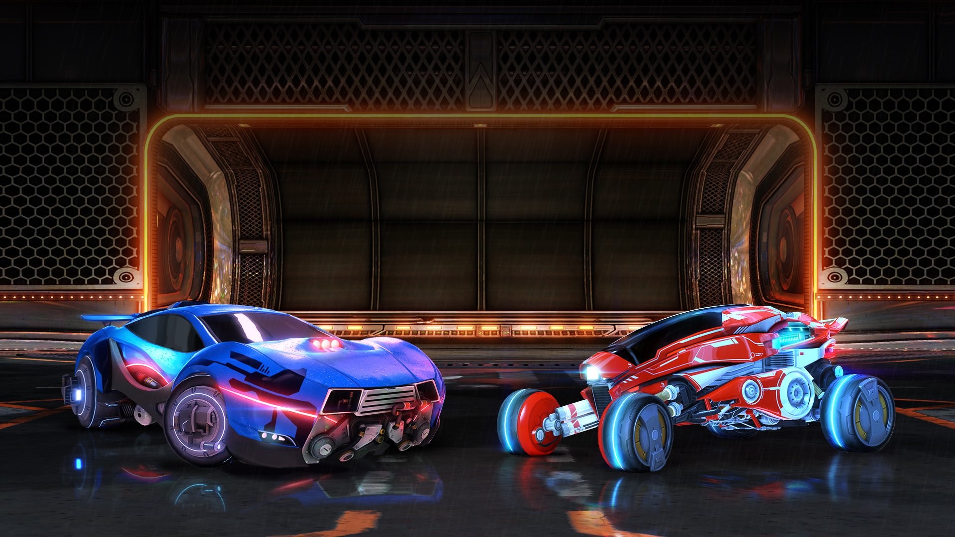 Rocket League, Squadra blu, Squadra arancione, Porta, Neon, Full HD, wallpaper per portatile