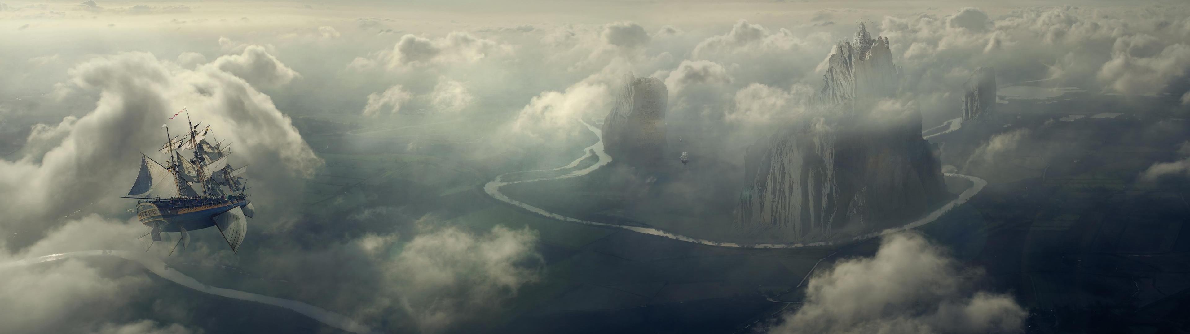 Veliero volante, Isola fluttuante, Nuvole, Fantasy, 3840x1080, sfondo per PC