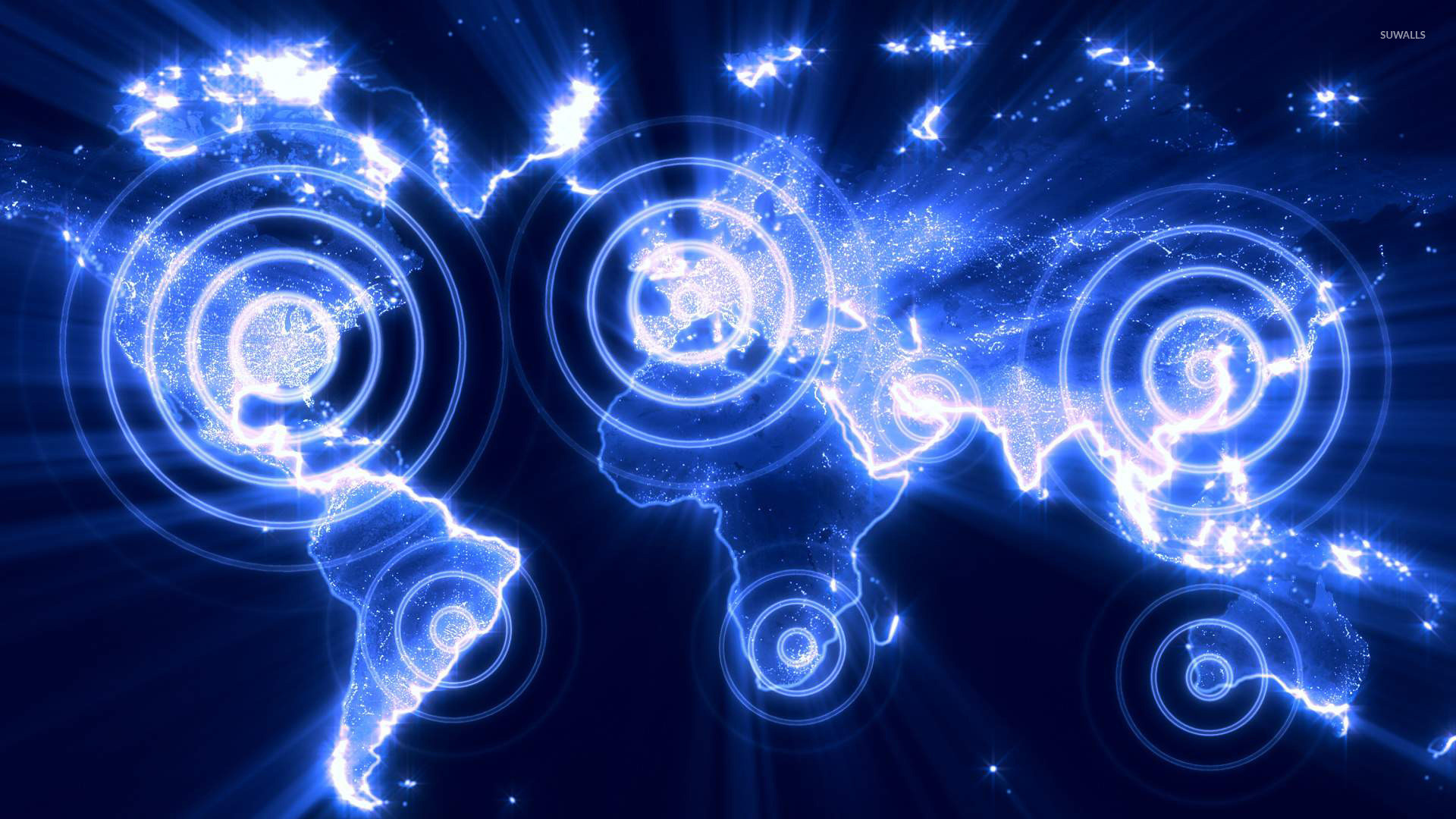 Mappa del mondo, Onde luminose, Rete globale, Blu, Full HD, sfondo per PC e portatile