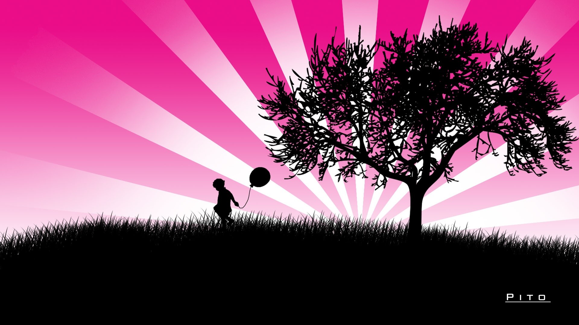 Silhouette, Bambino, Palloncino, Albero, Sfondo rosa, 16:9 Full HD, wallpaper widescreen
