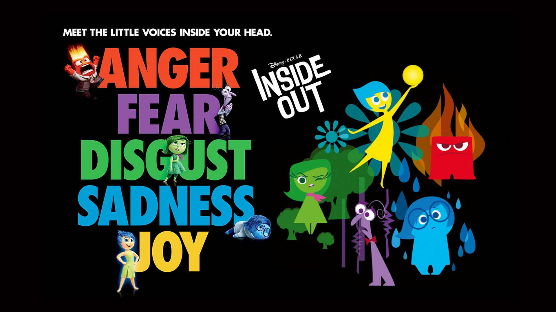 Inside Out, Rabbia, Paura, Disgusto, Tristezza, Gioia, Tipografia, sfondo Full HD per portatile