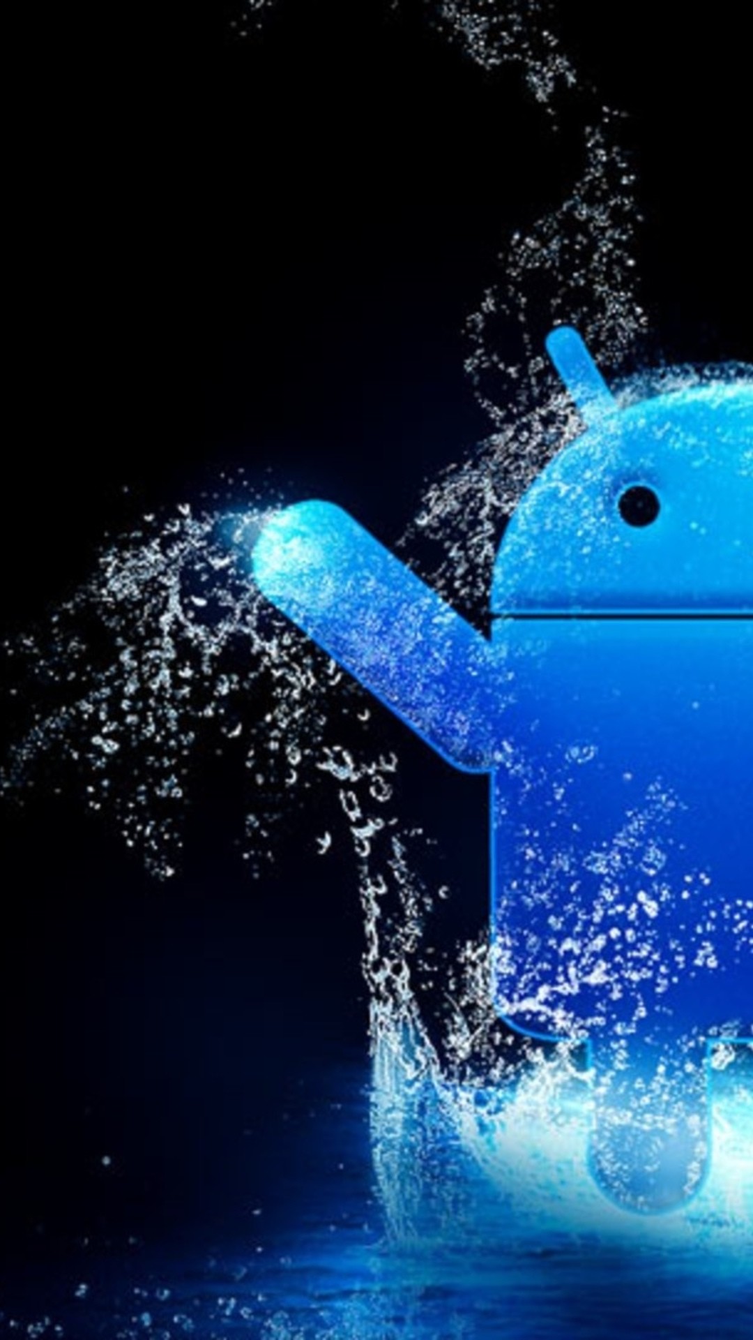 Android, Bugdroid, Spruzzi d'acqua, Blu, Full HD, sfondo verticale per cellulare