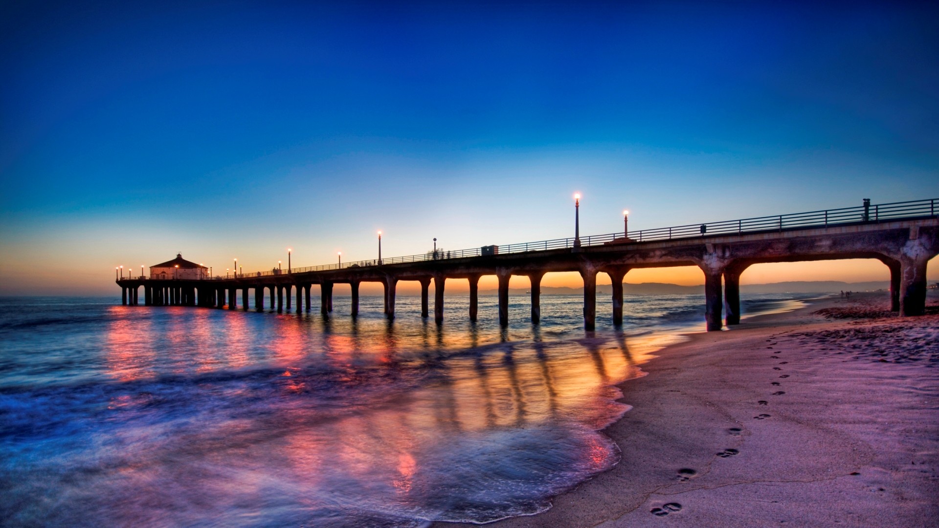 Molo, Spiaggia, Tramonto, Luci, sfondo Android