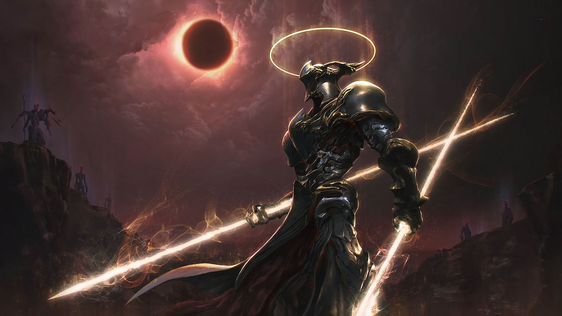 Guerriero, Eclissi, Aureola, Armatura, Lance luminose, Fantasy, 1920x1080, immagine di sfondo