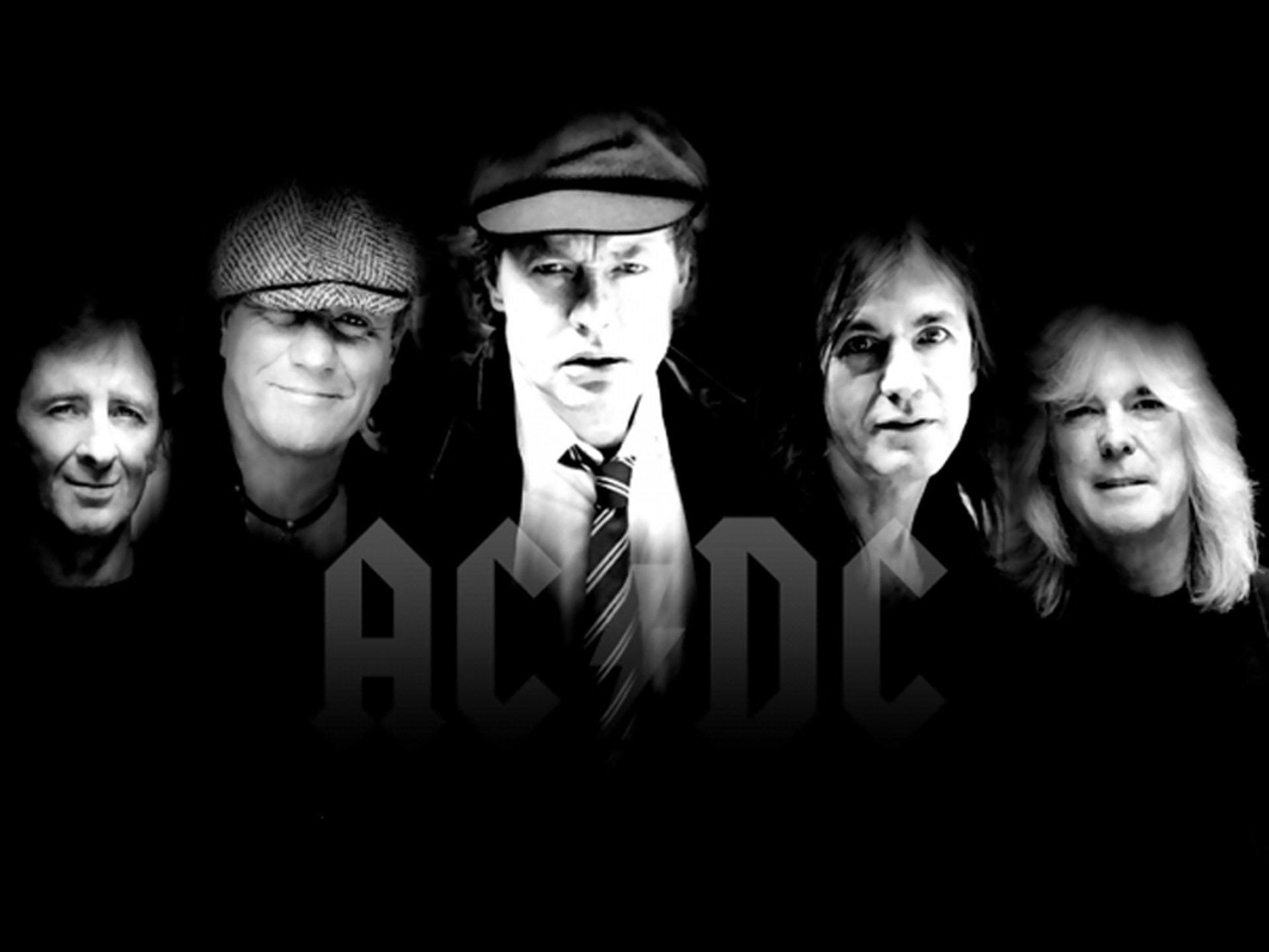 AC/DC, Angus Young, Brian Johnson, Malcolm Young, Cliff Williams, Phil Rudd, Bianco e nero, wallpaper Full HD