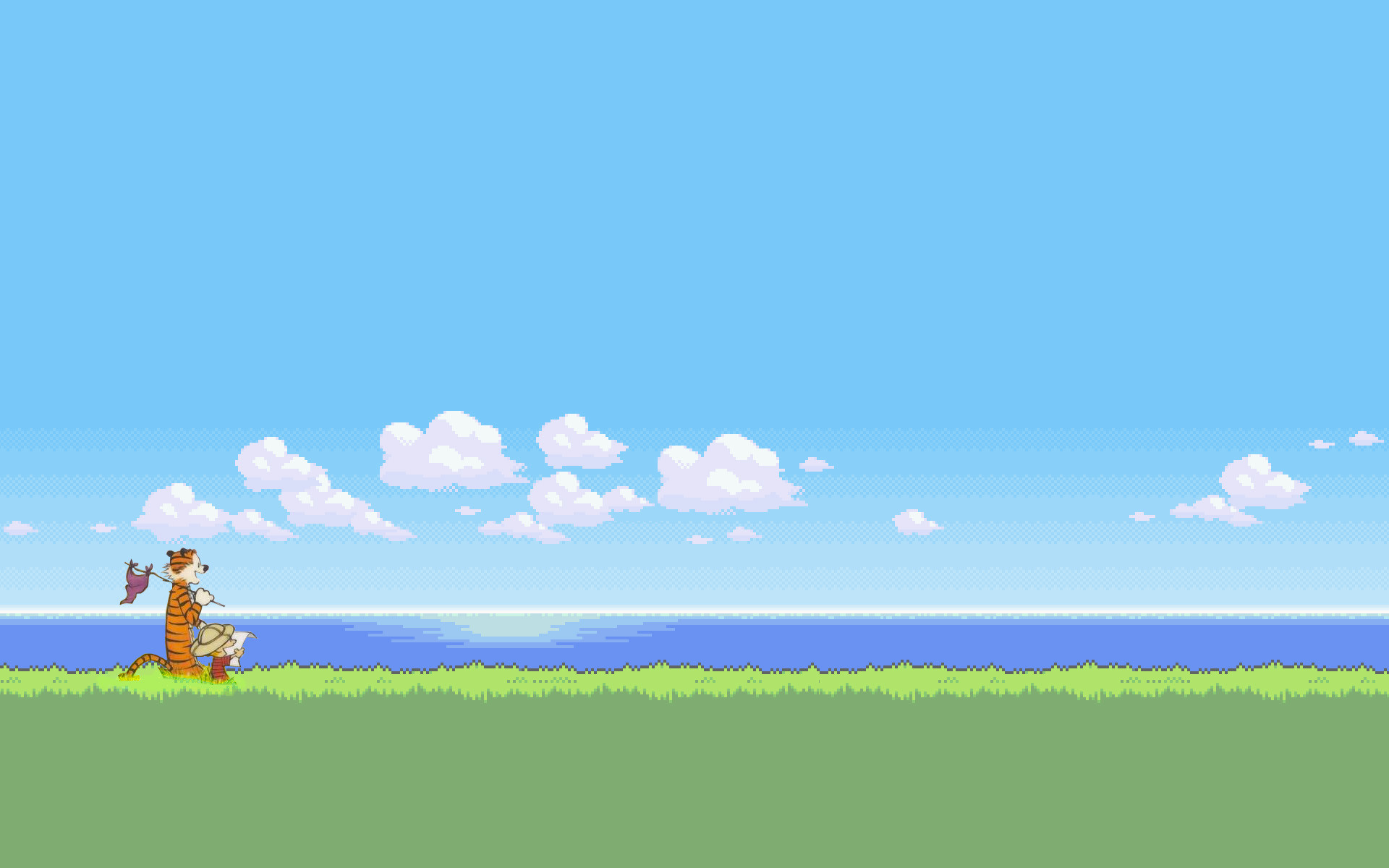 Pixel art, Calvin e Hobbes, Prato, Cielo azzurro, 16:10 Full HD, wallpaper widescreen