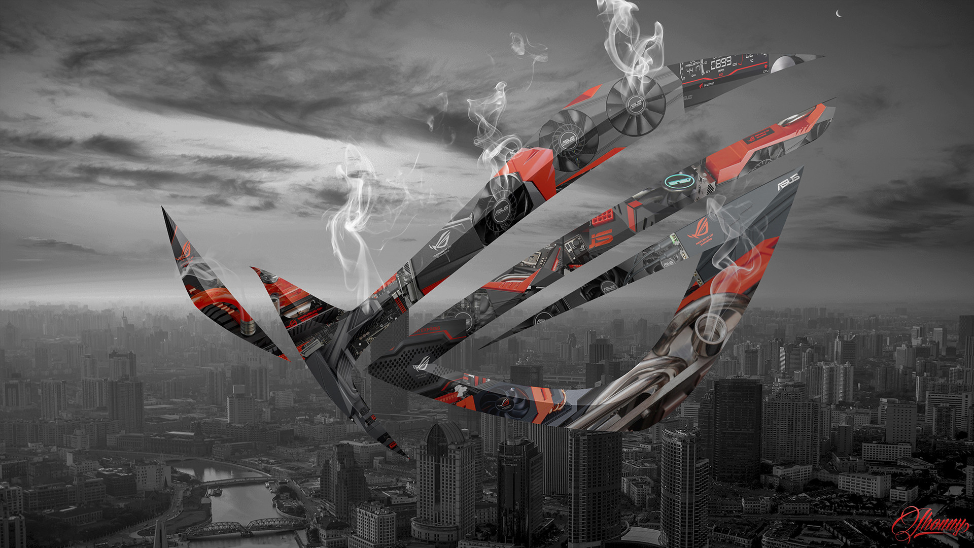 Logo ROG, Asus, Città, Bianco e nero, Rosso, Full HD, sfondo desktop
