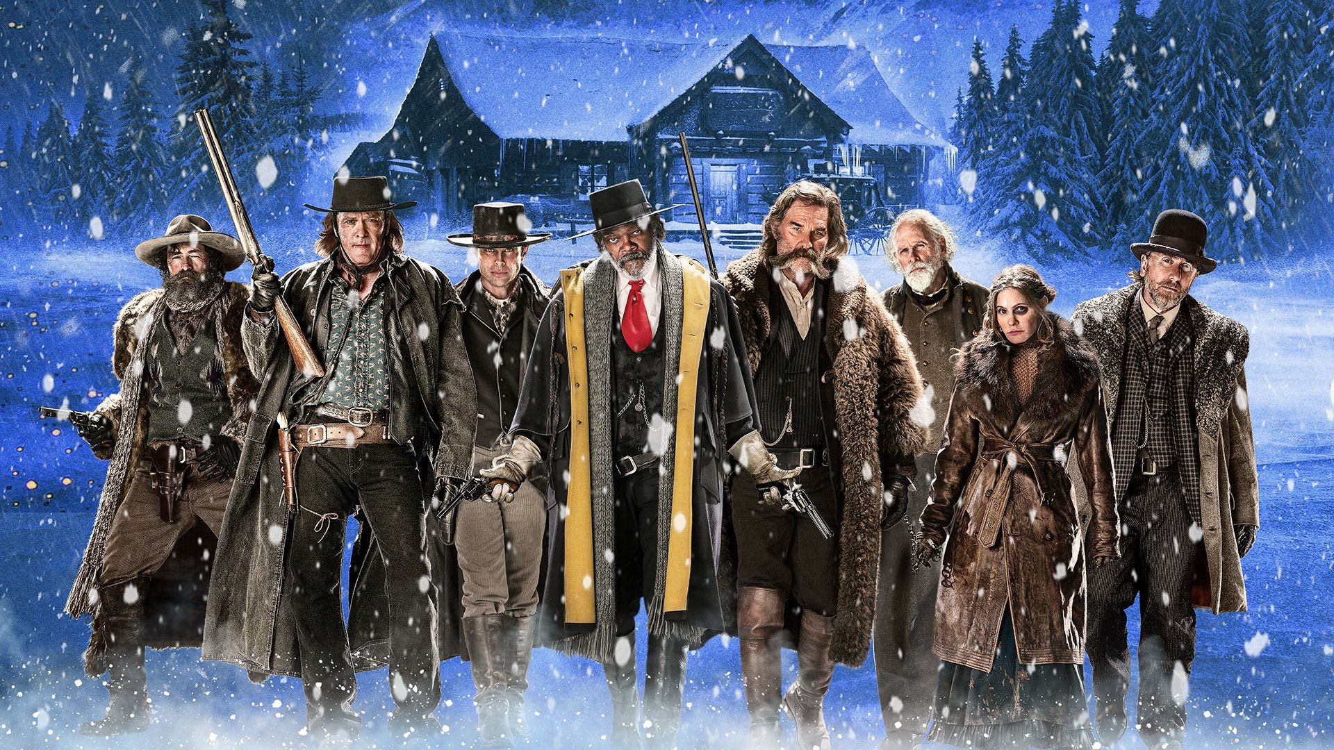 The Hateful Eight, Cast, Merceria di Minnie, Neve, Notte, 1920x1080, wallpaper desktop