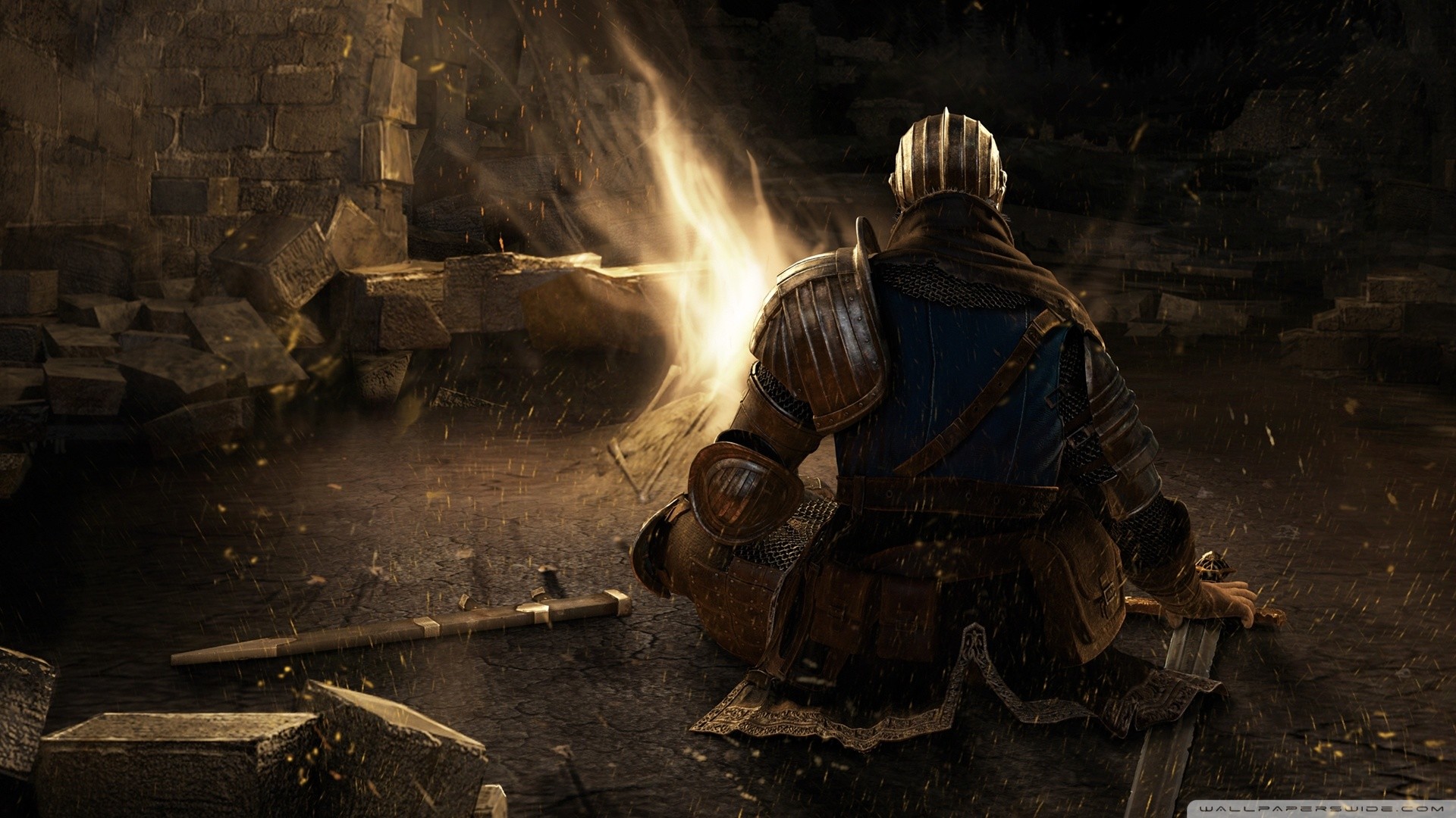 Dark Souls, Cavaliere, Falò, Rovine, Full HD, sfondo Windows 11