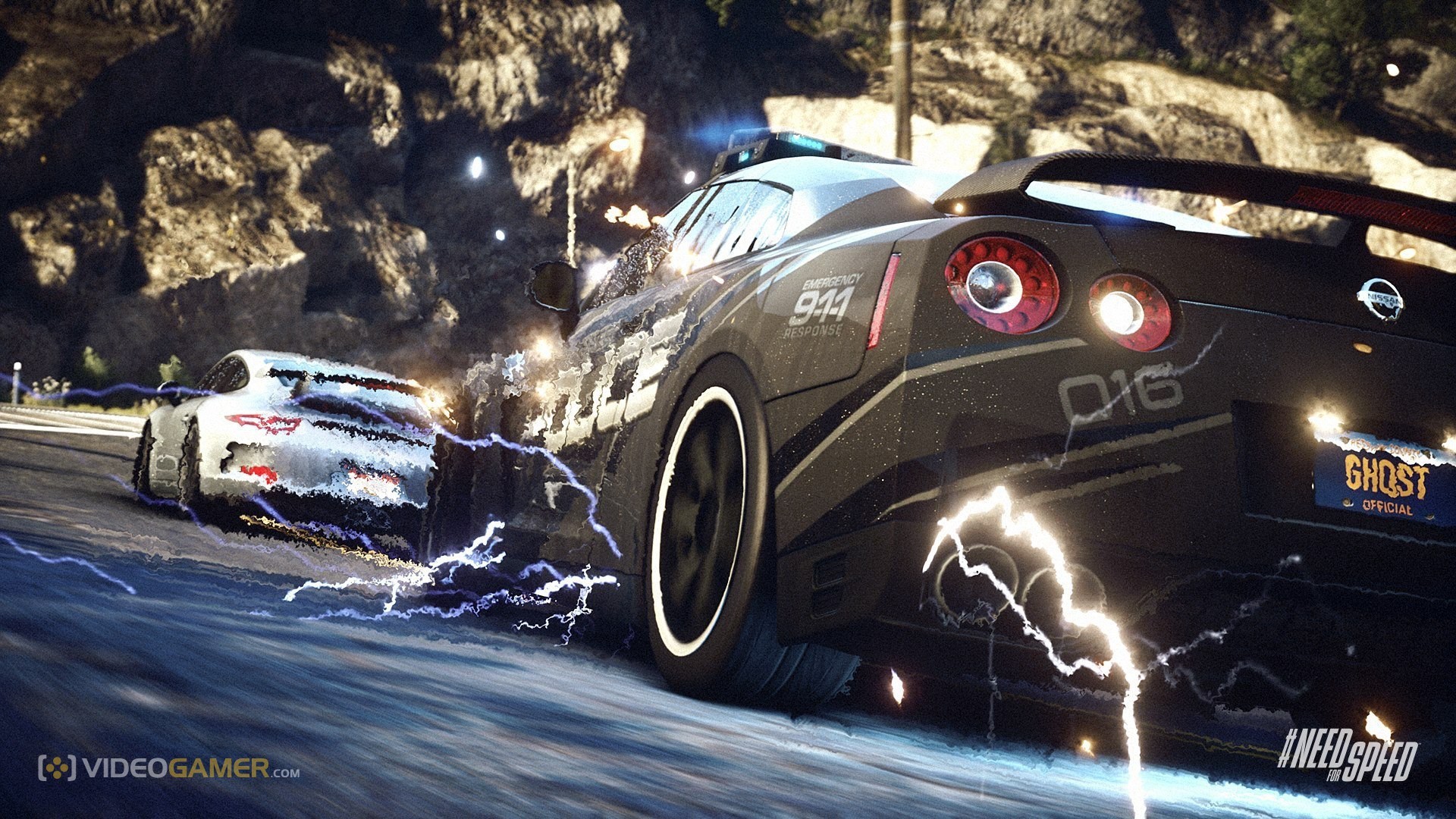 Need for Speed Rivals, Nissan GT-R, Polizia, Fulmini, Inseguimento, sfondo 16:9 Full HD