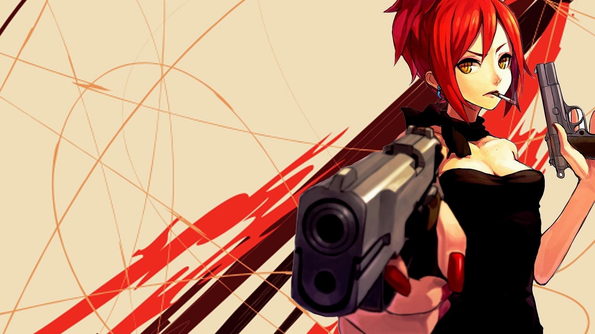 Ragazza anime, Pistole, Capelli rossi, Arte vettoriale, Full HD, sfondo per portatile