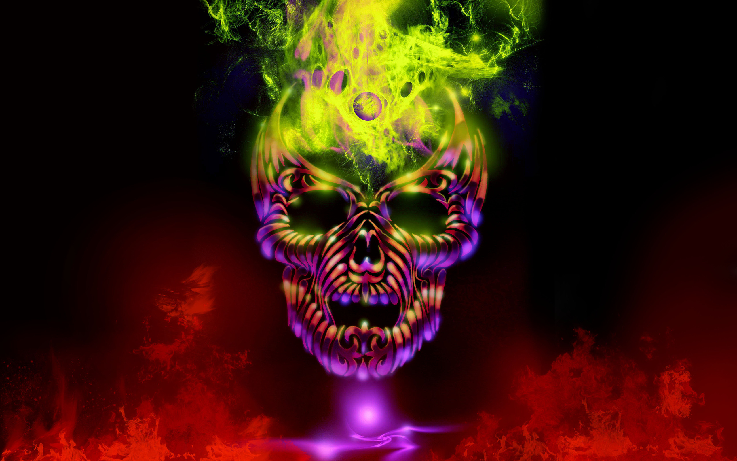 Teschio, Fiamme, Neon, Psichedelico, Arte digitale, 2K, sfondo Windows 11