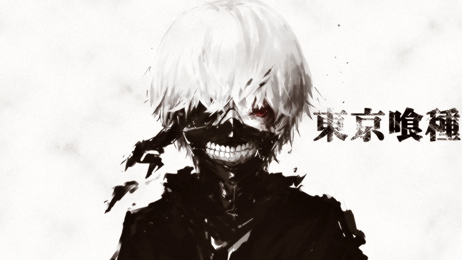Ken Kaneki, Tokyo Ghoul, Maschera, Kanji, Bianco e nero, Full HD, sfondo Windows 11