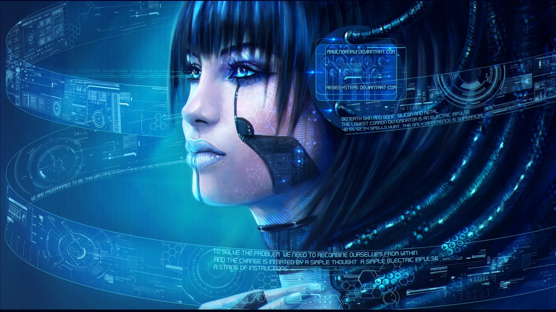 Ragazza cyborg, Interfaccia olografica, Ritratto, Blu, 1920x1080, wallpaper desktop