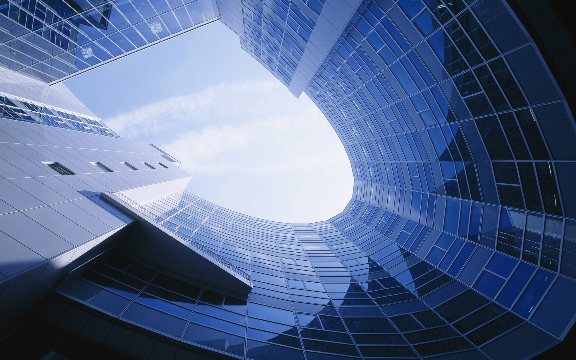 Architettura moderna, Vetro, Curve, Vista dal basso, Blu, Full HD, sfondo per PC