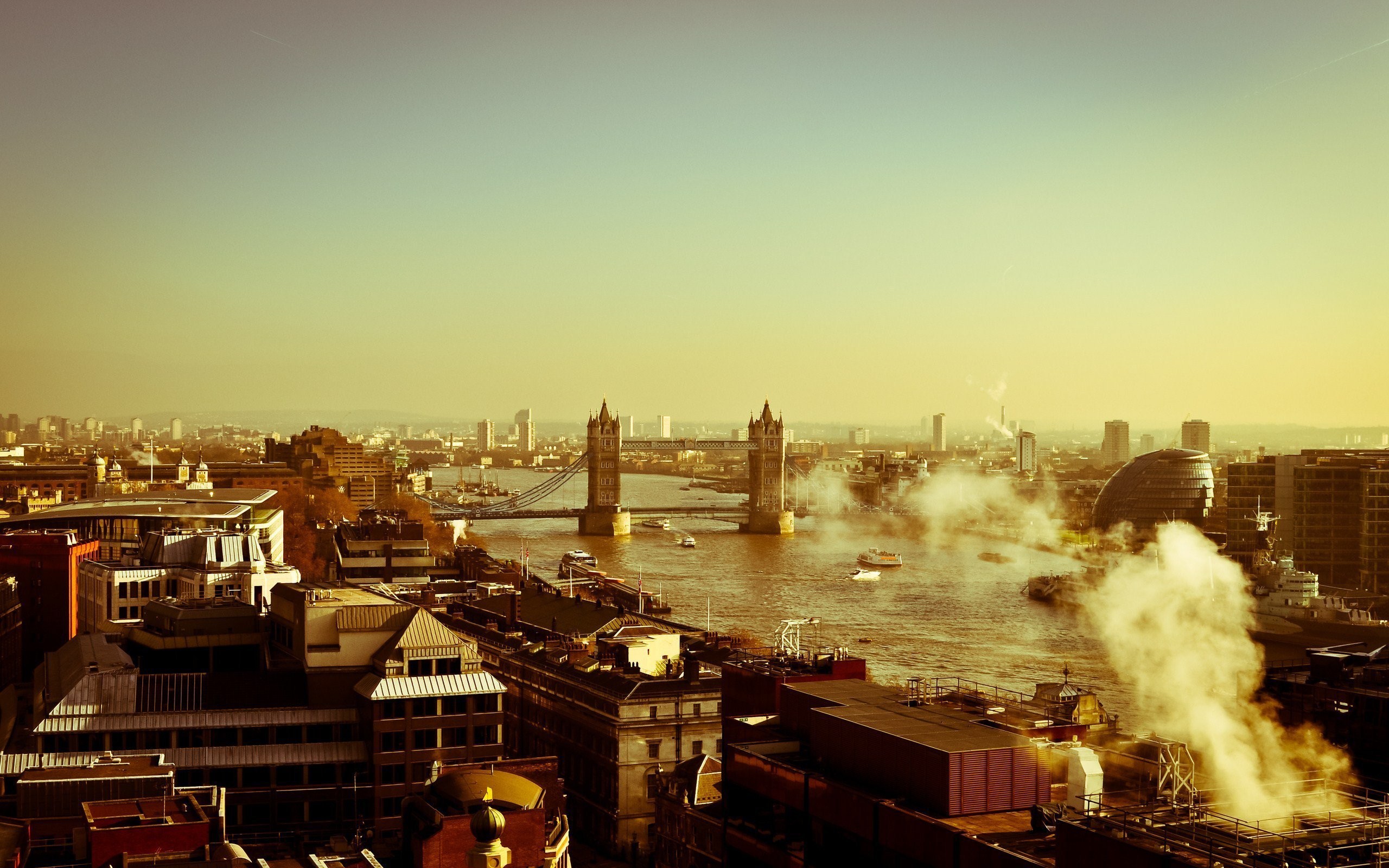 Tower Bridge, Tamigi, Londra, Vapore, Panorama urbano, Tonalità seppia, sfondo per portatile