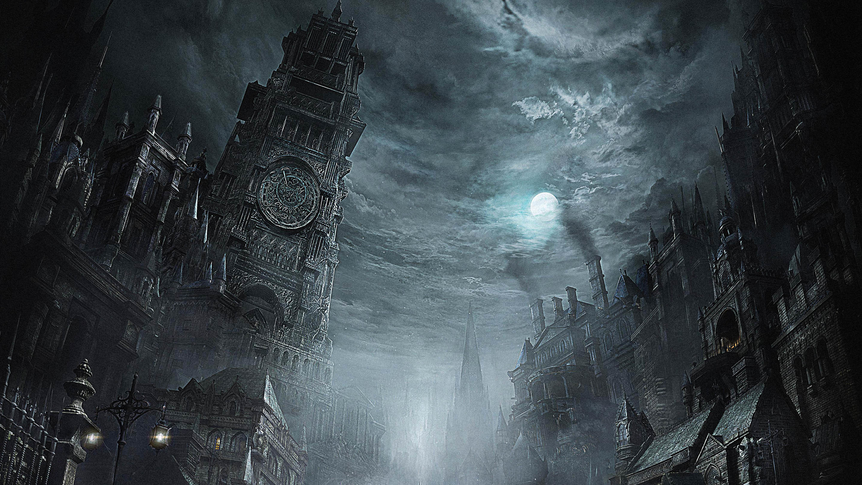 Yharnam, Bloodborne, Torre dell'orologio, Luna, Nebbia, 2K, sfondo per portatile