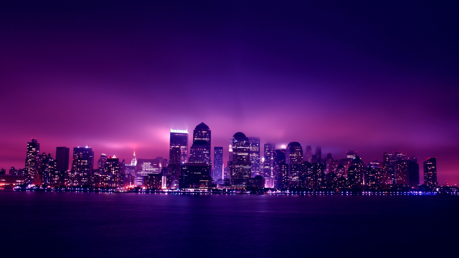 Skyline, Città notturna, Grattacieli, Viola, Acqua, Full HD 1080p, sfondo desktop