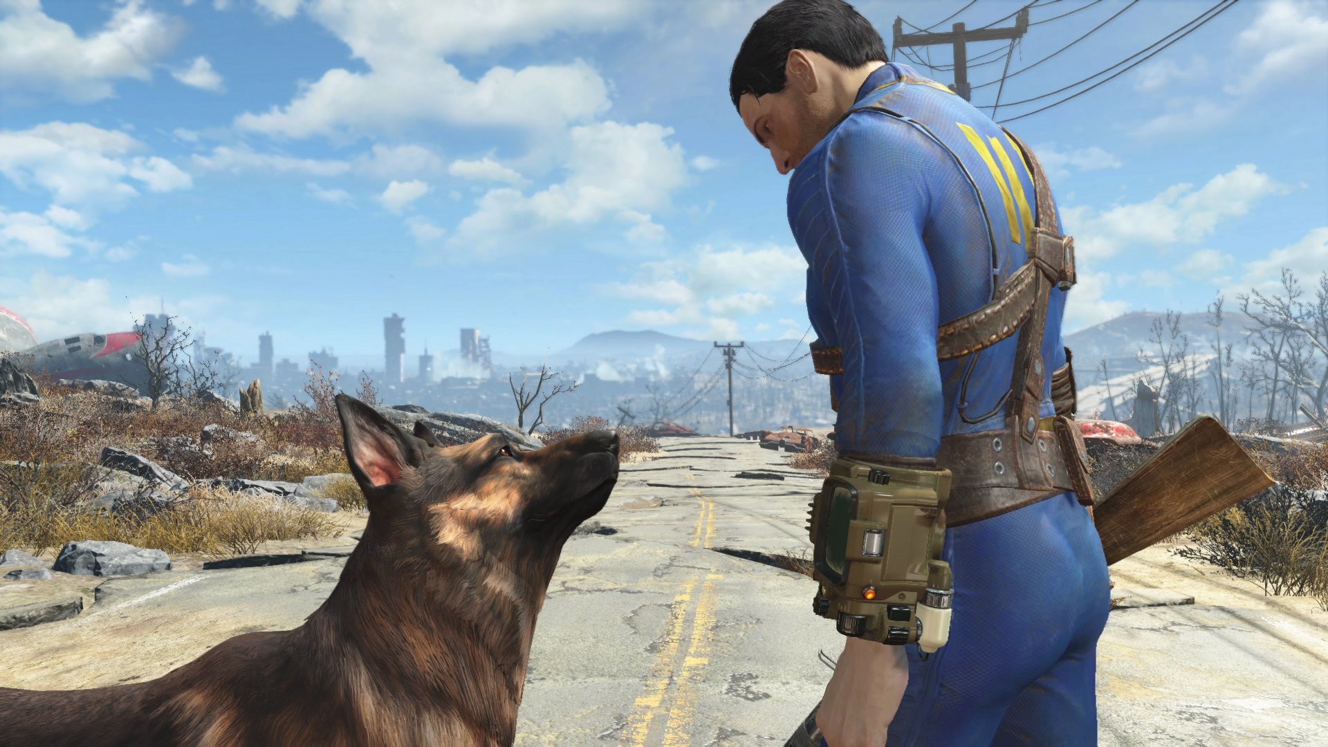 Fallout 4, Unico Sopravvissuto, Dogmeat, Tuta del Vault 111, Strada, sfondo desktop 1920x1080