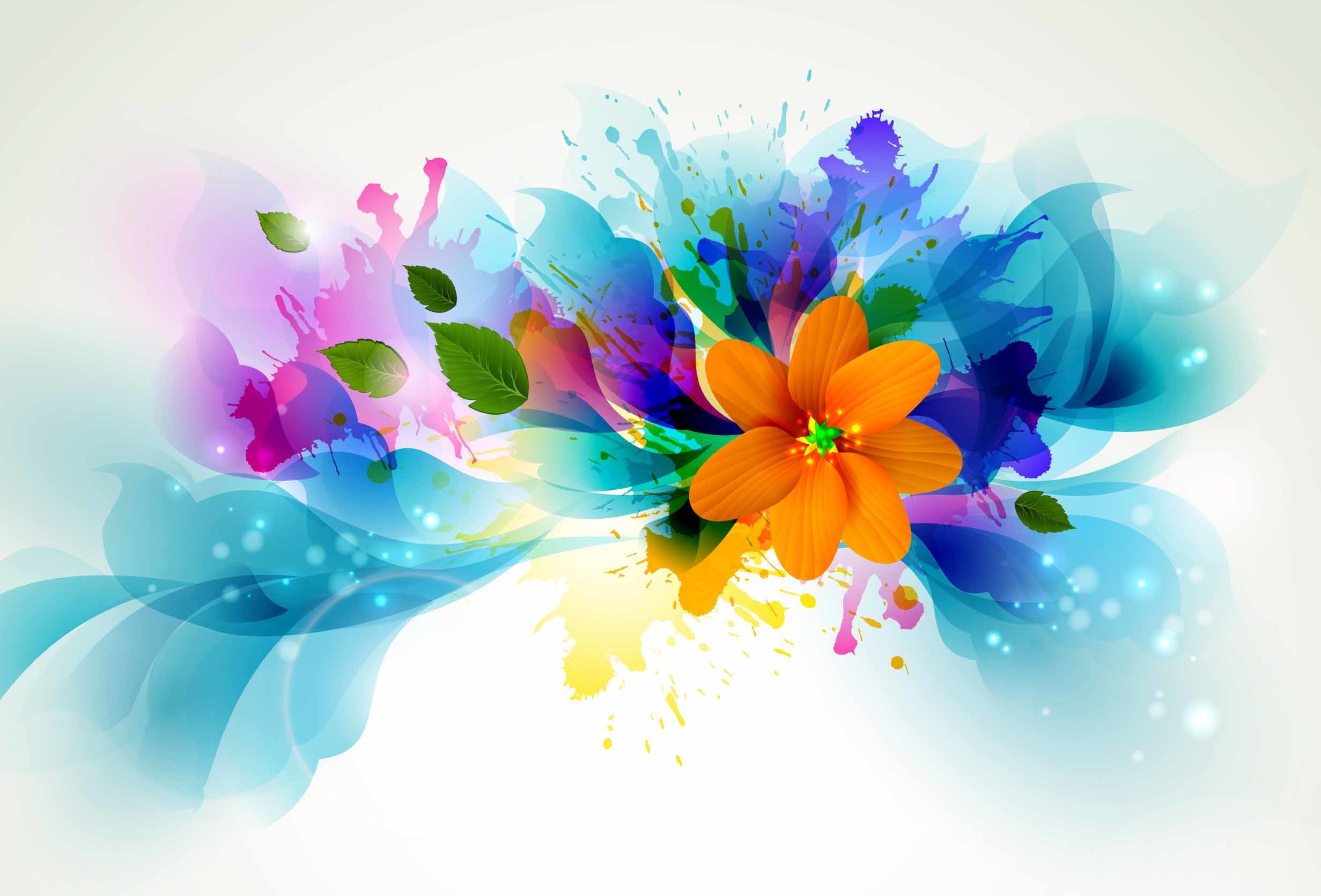 Fiore astratto, Schizzi di colore, Arancione, Arte digitale, Sfondo bianco, wallpaper desktop Full HD