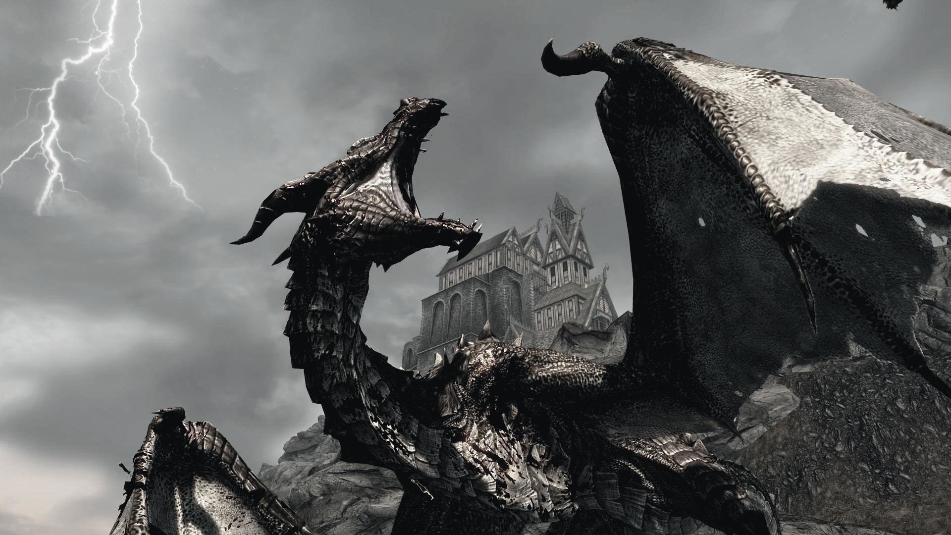 The Elder Scrolls V: Skyrim, Drago, Fulmini, Bianco e nero, 1920x1080, immagine di sfondo