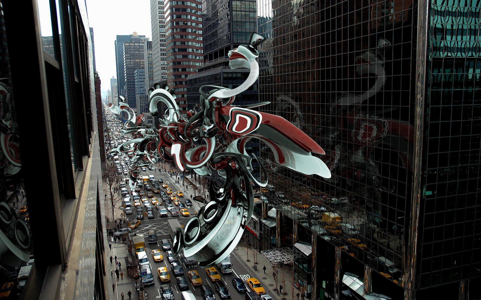 New York, Robot, Fantascienza, Strada, Grattacieli, Full HD, sfondo per PC e portatile