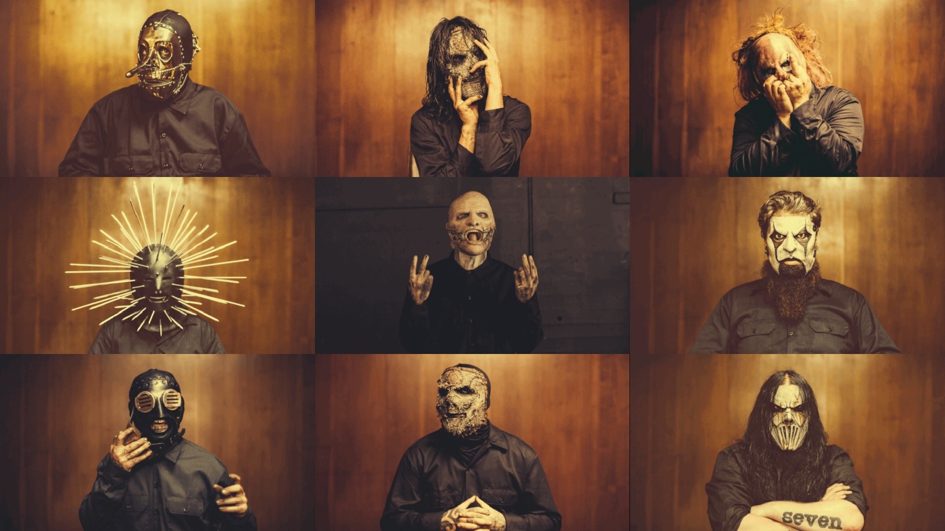 Slipknot, Membri della band, Maschere, Collage, Ritratti, 16:9 Full HD, sfondo widescreen