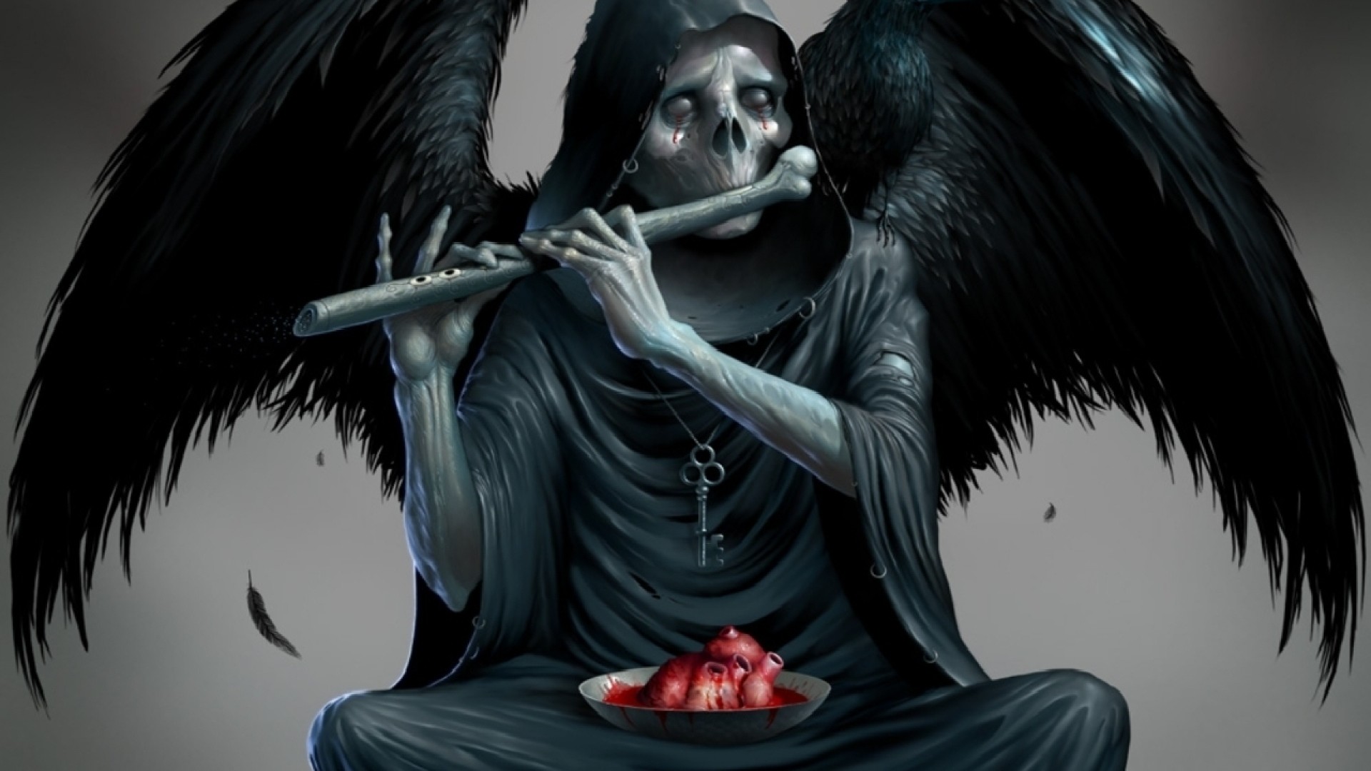 Angelo della morte, Flauto, Ali nere, Arte fantasy, Full HD, sfondo per PC