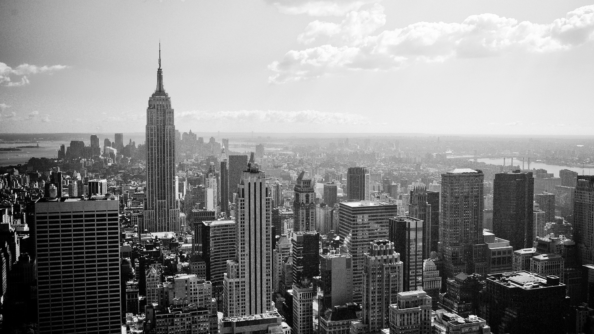 Empire State Building, Manhattan, Bianco e nero, Skyline, Full HD, sfondo per PC