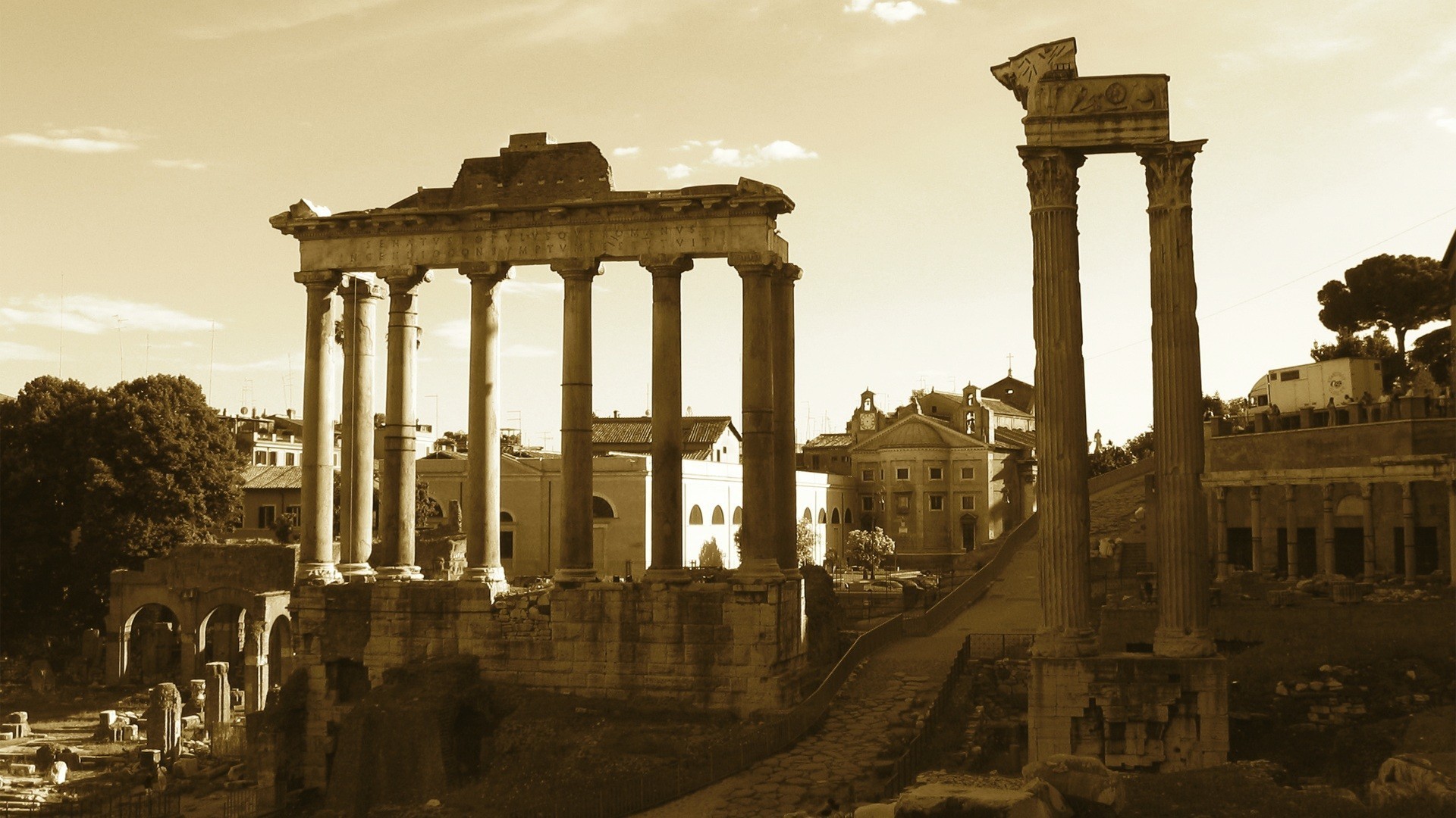 Tempio di Saturno, Foro Romano, Roma, Seppia, Full HD, sfondo per portatile