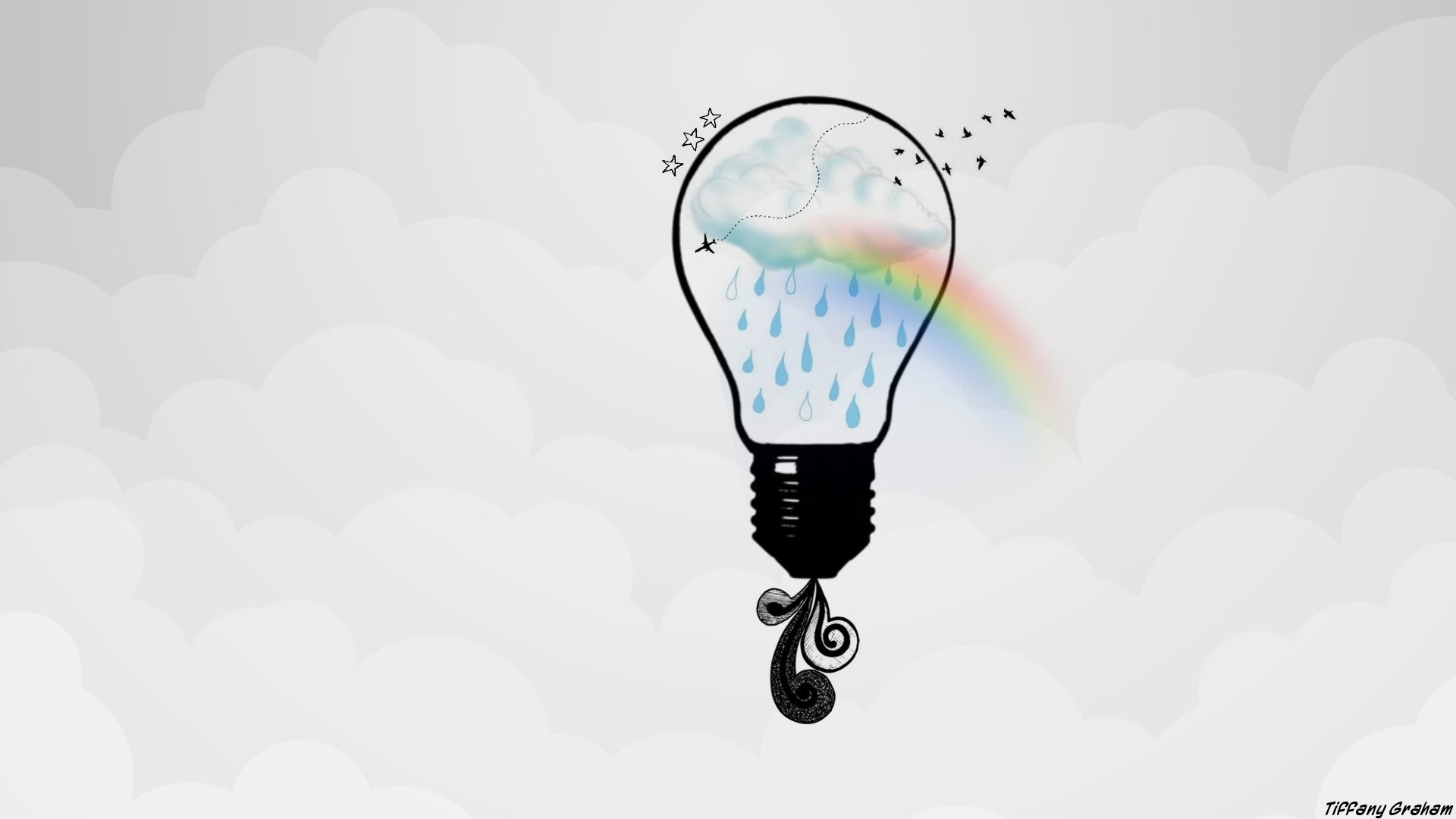Lampadina, Nuvola, Arcobaleno, Pioggia, Illustrazione, 1920x1080, wallpaper desktop