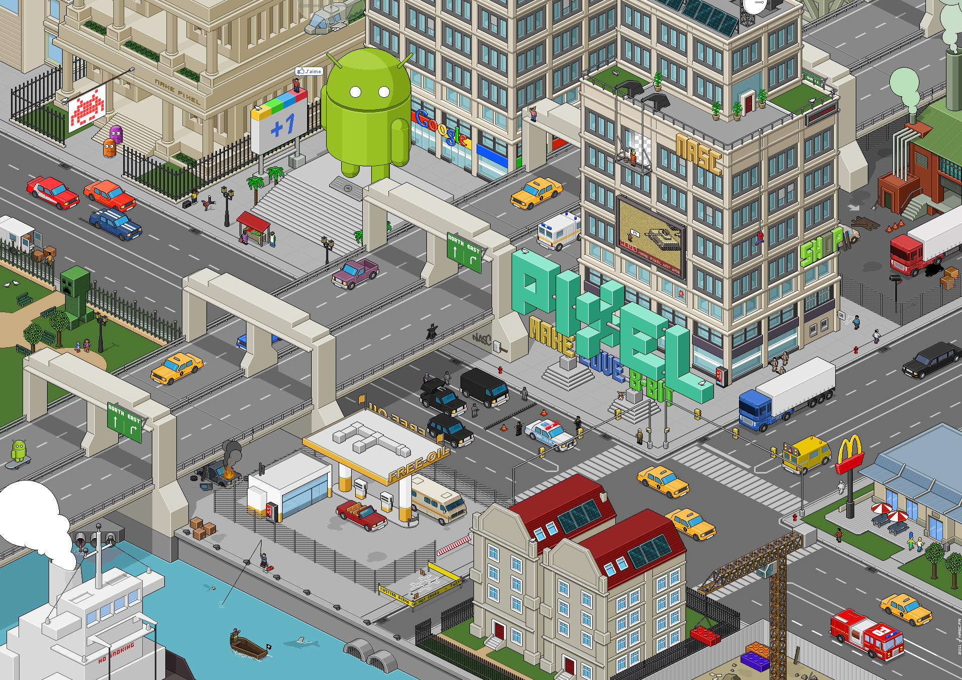 Pixel art, Città isometrica, Android, Strade, Full HD, sfondo per PC
