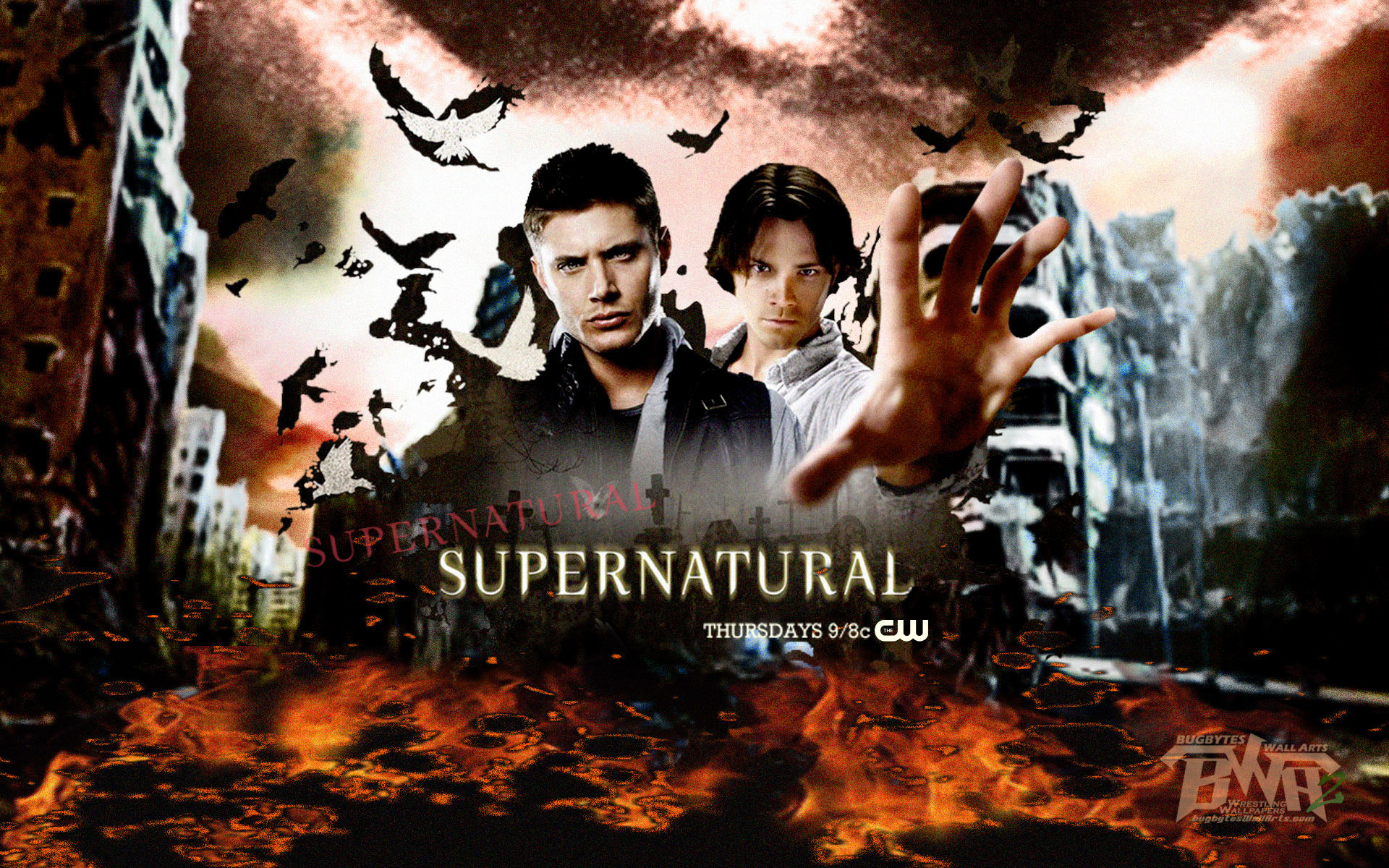 Supernatural, Dean Winchester, Sam Winchester, Pipistrelli, Fuoco, sfondo Full HD per computer