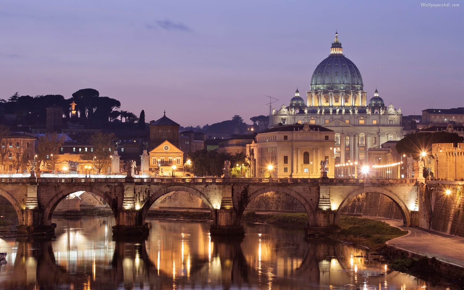 Basilica di San Pietro, Ponte Sant'Angelo, Tevere, Roma, Crepuscolo, wallpaper per portatile