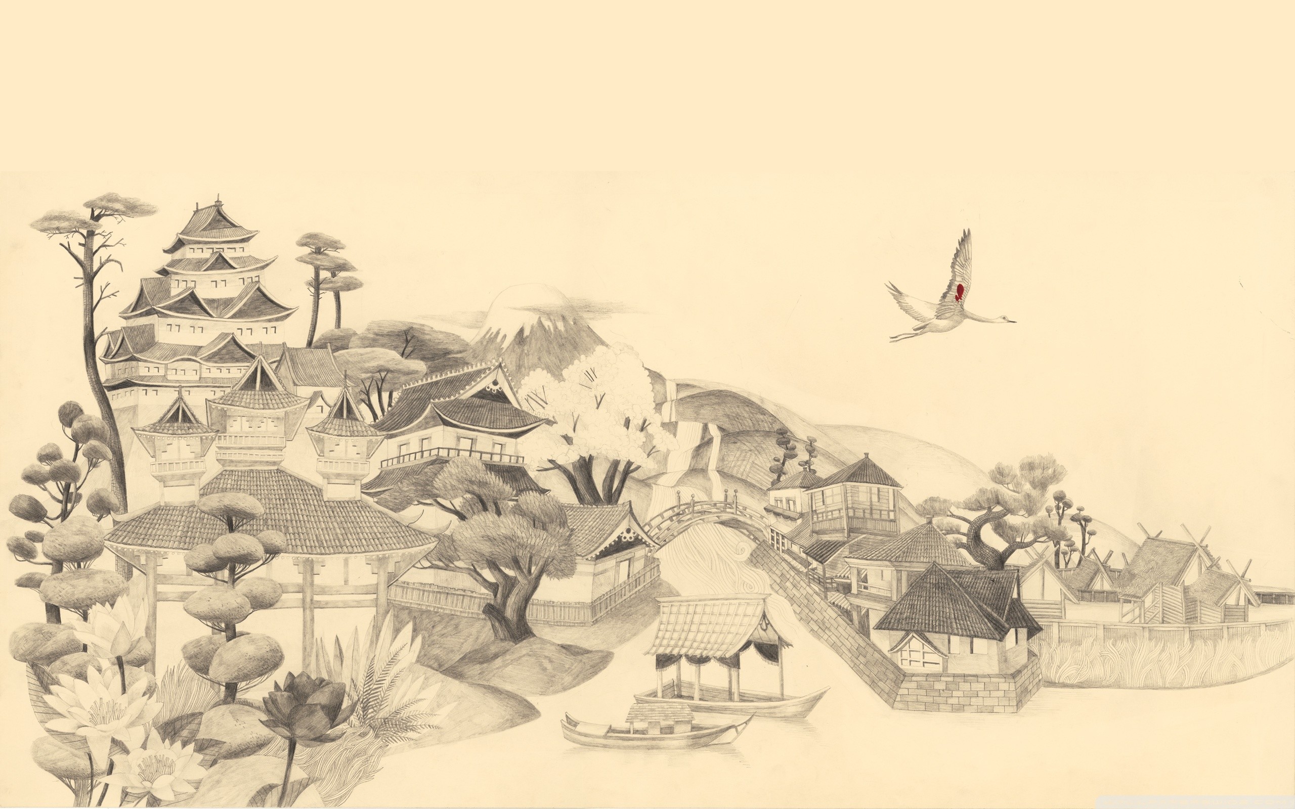 Castello giapponese, Gru, Disegno a matita, Villaggio, Schizzo, 16:10 2K, sfondo widescreen