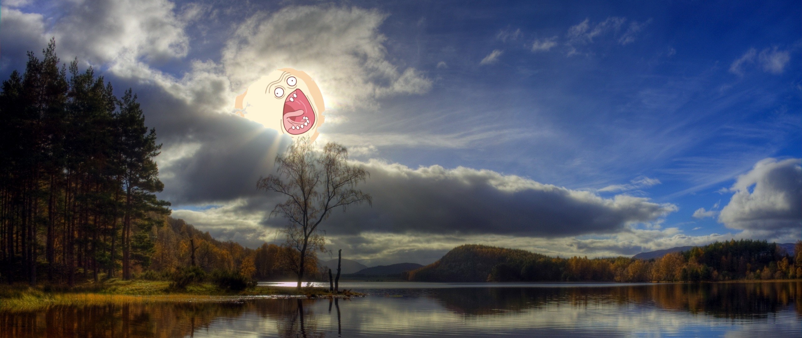 Screaming Sun, Rick and Morty, Lago, Nuvole, 2560x1080, sfondo per PC