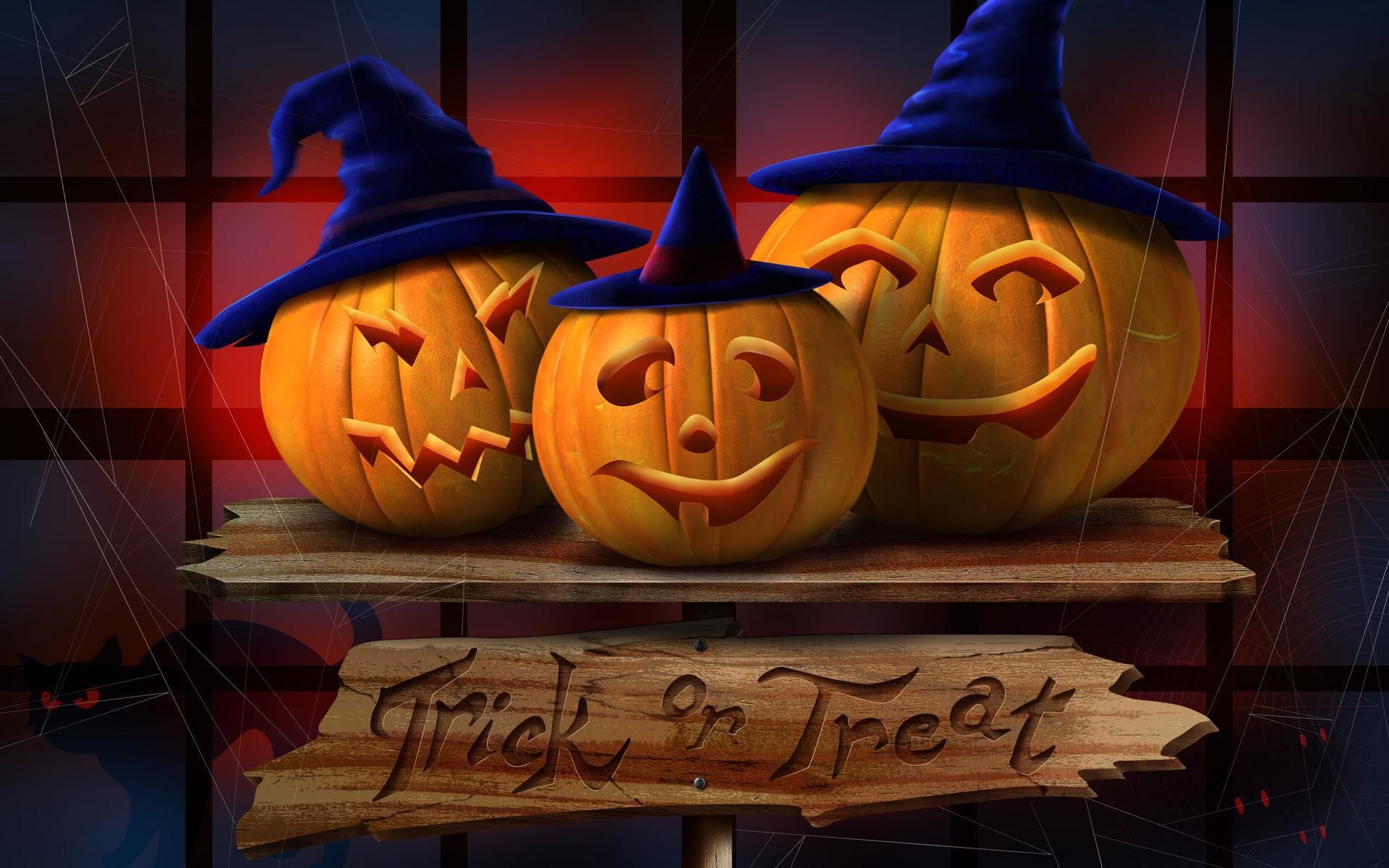 Jack-o'-lantern, Cappelli da strega, Trick or Treat, Cartello di legno, Halloween, sfondo per PC