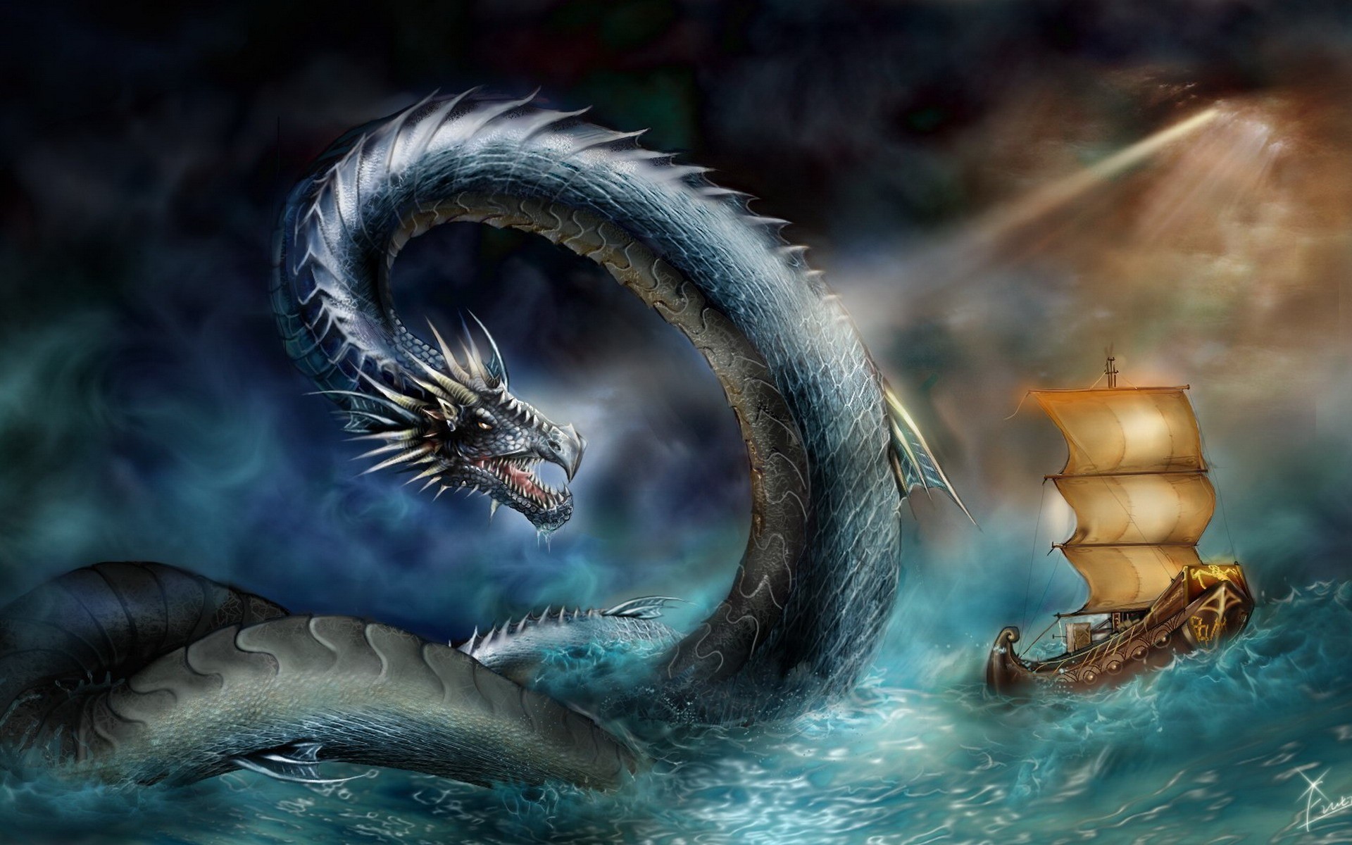 Serpente marino, Drago, Veliero, Tempesta, Fantasy, 1920x1200, sfondo per PC