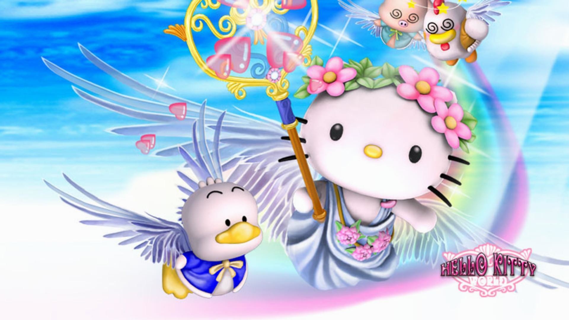 Hello Kitty, Angelo, Ali, Arcobaleno, Rendering 3D, Full HD, sfondo desktop