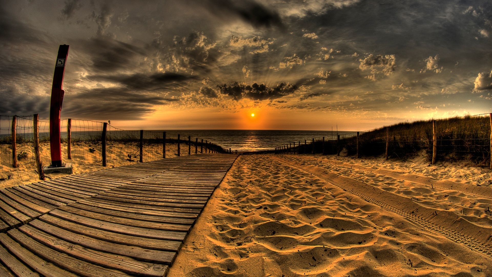 Passerella in legno, Spiaggia, Dune, Tramonto, Nuvole, HDR, 1920x1080, sfondo per PC